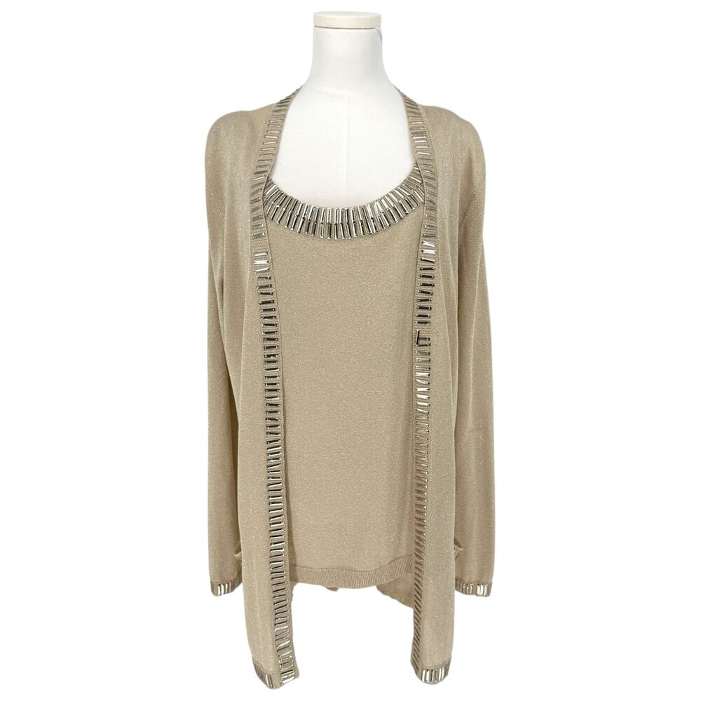 Oscar de la Renta Metallic Gold Beaded Cardigan Sweater Set Glam Holiday XL